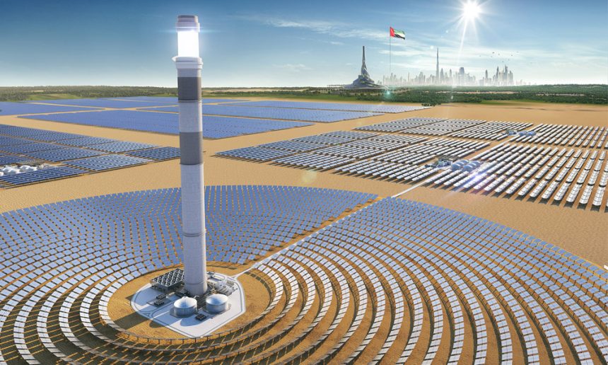 The world’s tallest solar power tower at 262.44 metres in the Mohammed bin Rashid Al Maktoum Solar Park in Dubai