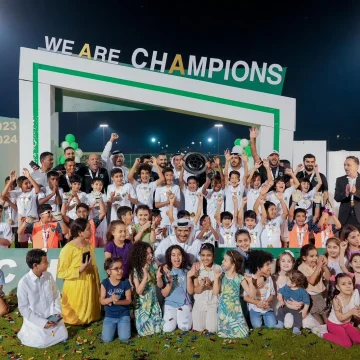 The Emirates Club celebrates the crowning of the 14- and 11-year-old teams in the Emirates Football Association Championship for the “B” stages