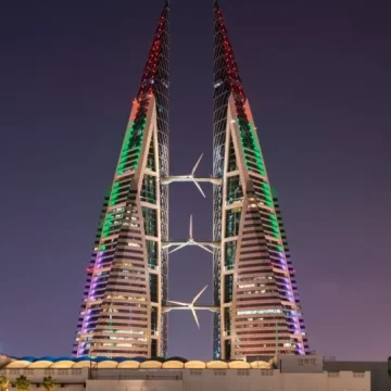 Bahraini landmarks adorned with colors of UAE flag in celebration of 53rd Eid Al Etihad